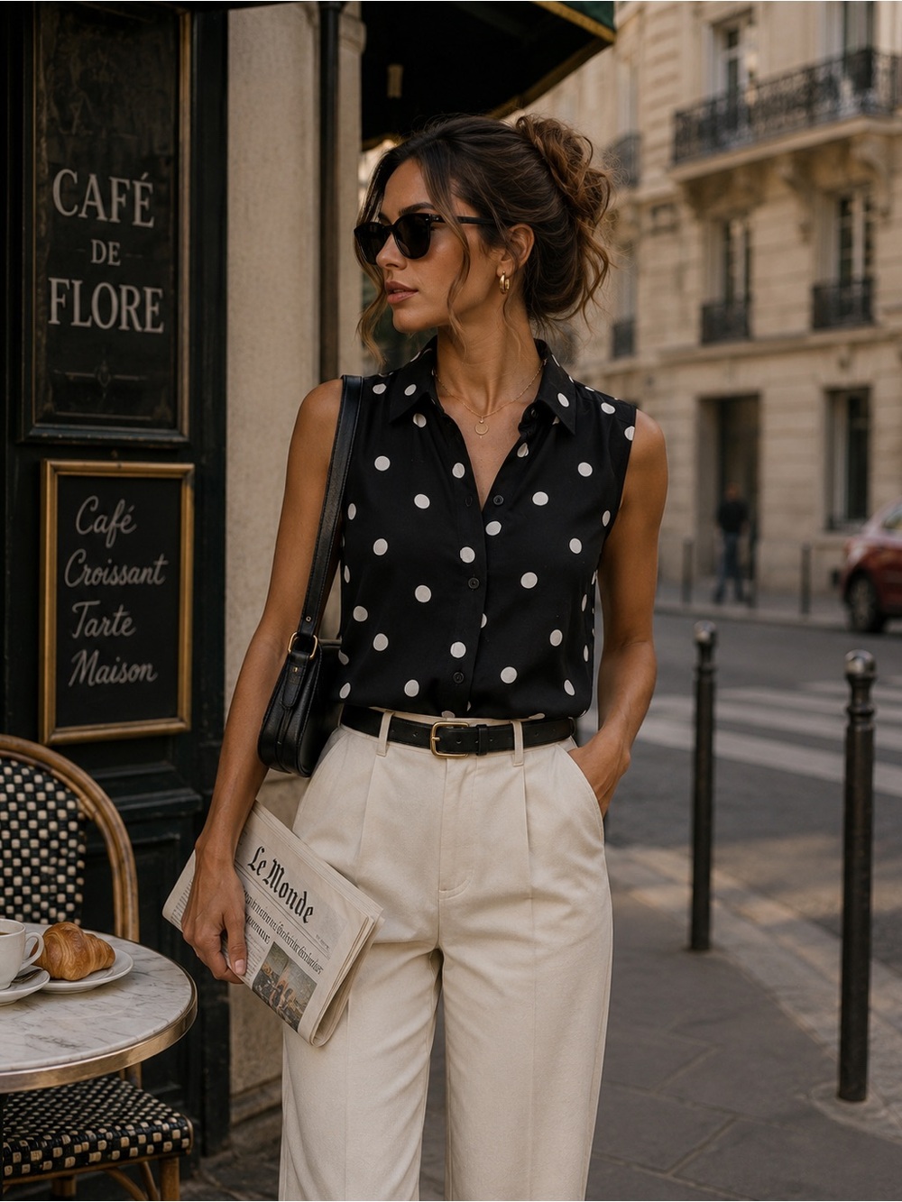 H&M Black Polka Dot Sleeveless Button Down Blouse | Parisian Chic Minimalist Top
